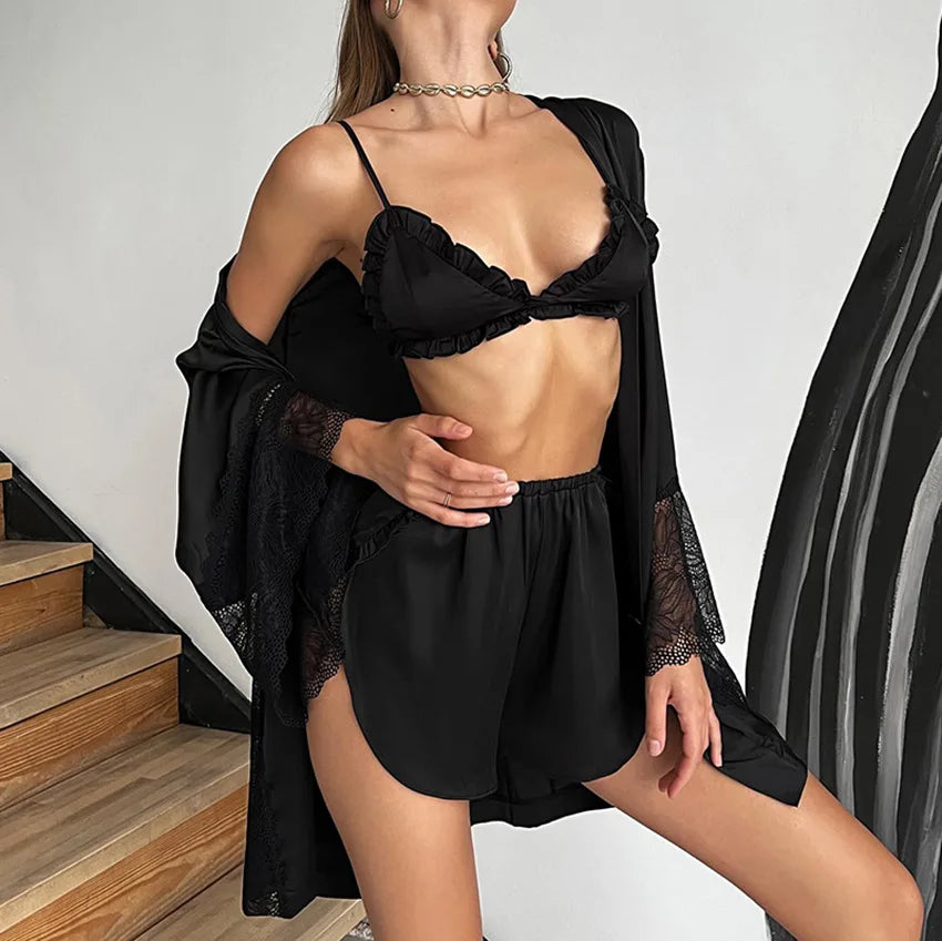 Ensembles de pyjama en dentelle patchwork avec soutien-gorge et sous-vêtements sexy en satin pour femme, 3 pièces, vêtements de nuit, peignoirs, 2023