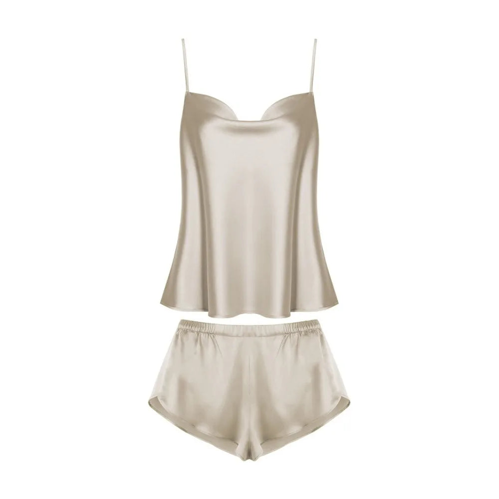 Pyjama sans manches en satin de soie, col en V, ample, caraco, short, chemise de nuit, vêtements de maison, ensembles de vêtements de nuit en soie glacée, été, femme
