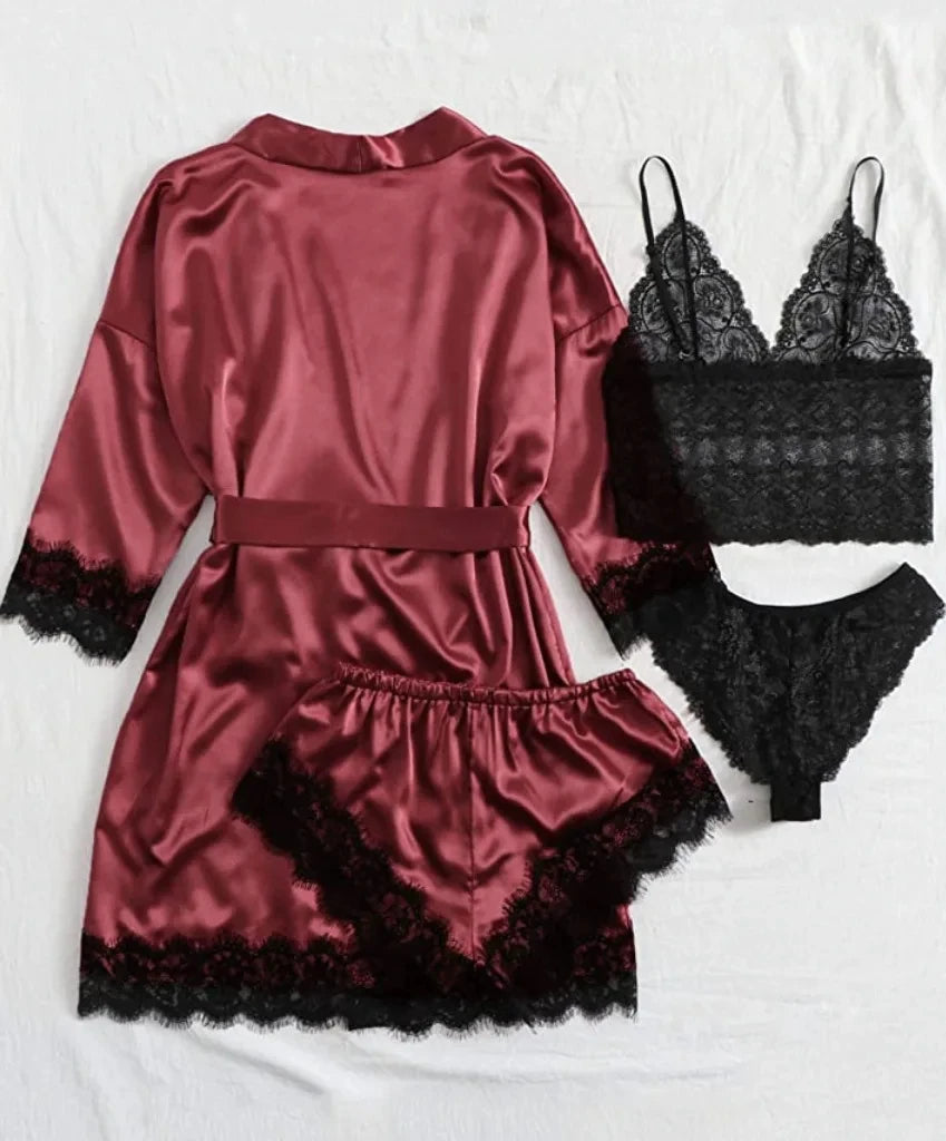 Pyjama tendance pour femme, imprimé, sexy, bordure en dentelle, imitation soie, satin, doux pour la peau, confortable, vêtements de détente, pyjama sexy