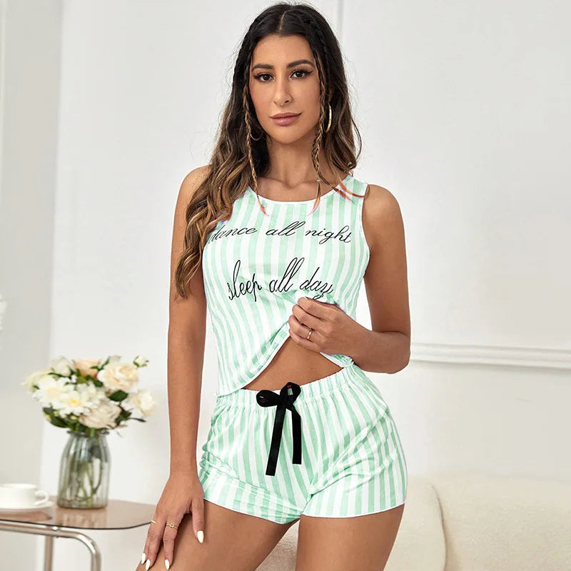 Pyjama d'été à rayures pour femme, imprimé, en imitation coton, col rond, débardeur et short, 2 pièces, doux, sans manches, vêtements de nuit pour la maison