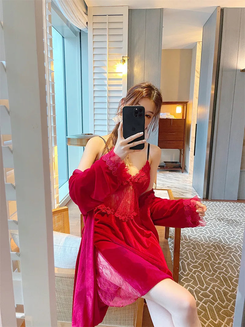 Pyjama sexy en velours pour femme - Robe à manches longues et chemise de nuit à bretelles en dentelle pour l'hiver et l'automne - Vêtements de nuit deux pièces confortables