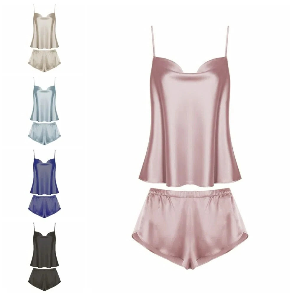 Pyjama sans manches en satin de soie, col en V, ample, caraco, short, chemise de nuit, vêtements de maison, ensembles de vêtements de nuit en soie glacée, été, femme