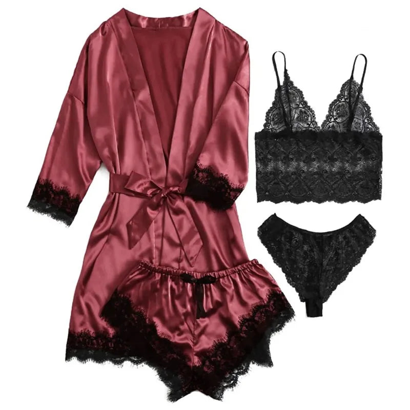 Pyjama tendance pour femme, imprimé, sexy, bordure en dentelle, imitation soie, satin, doux pour la peau, confortable, vêtements de détente, pyjama sexy