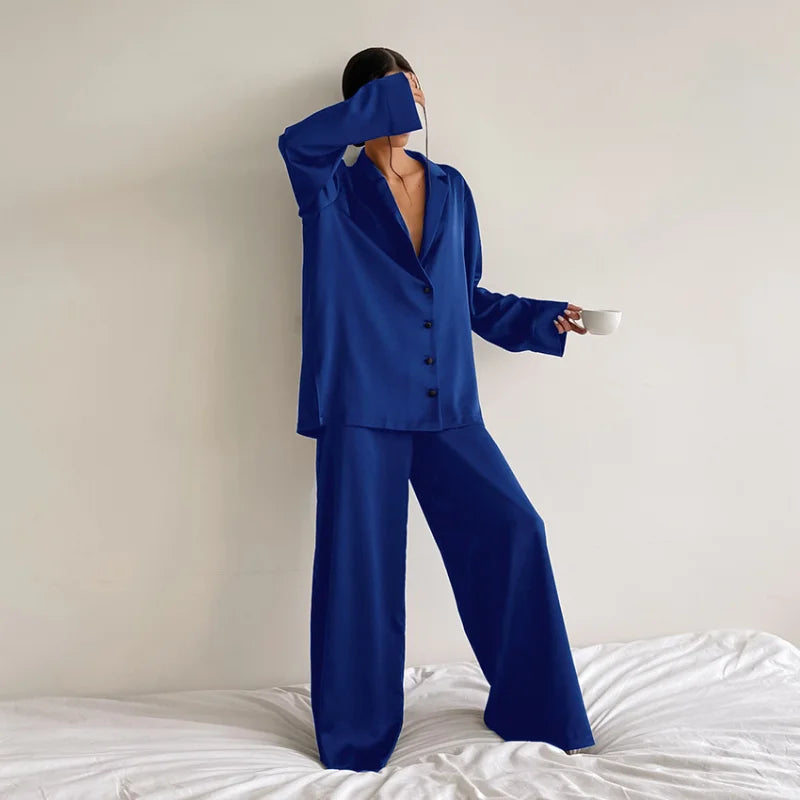Ensemble de pyjama sexy à coupe basse pour femme, pantalon ample et décontracté à manches longues, en satin de soie uni, haut ajusté, 2 pièces