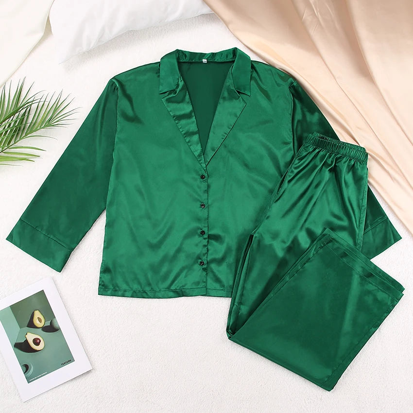 Ensemble de pyjama sexy à coupe basse pour femme, pantalon ample et décontracté à manches longues, en satin de soie uni, haut ajusté, 2 pièces