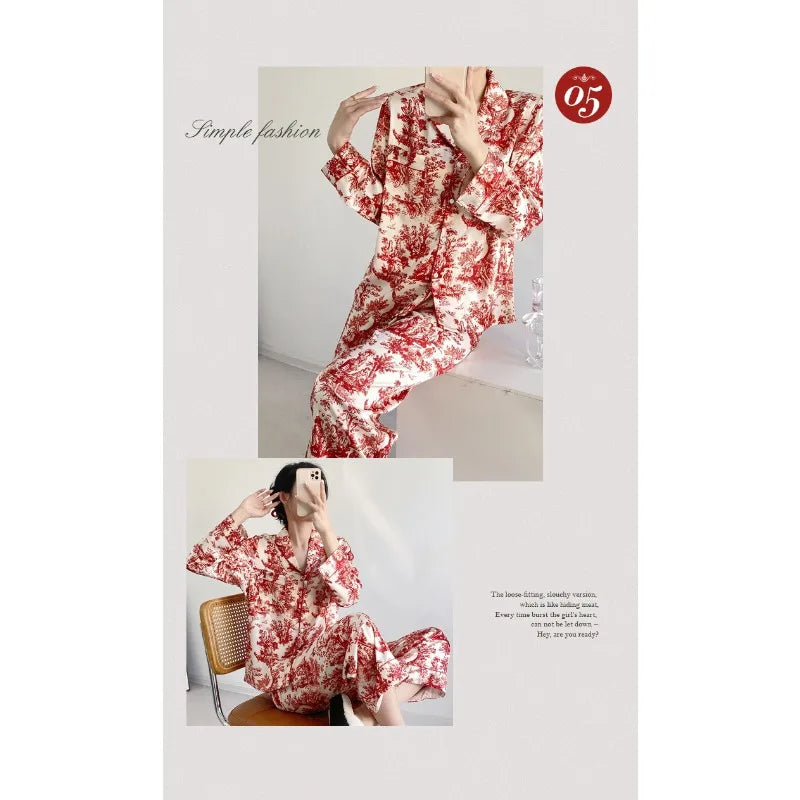 Ensemble pyjama 2 pièces pour femme, tenue de détente, imprimé floral rouge, manches longues, pantalon, vêtements de nuit amples en satin, chemise et pantalon
