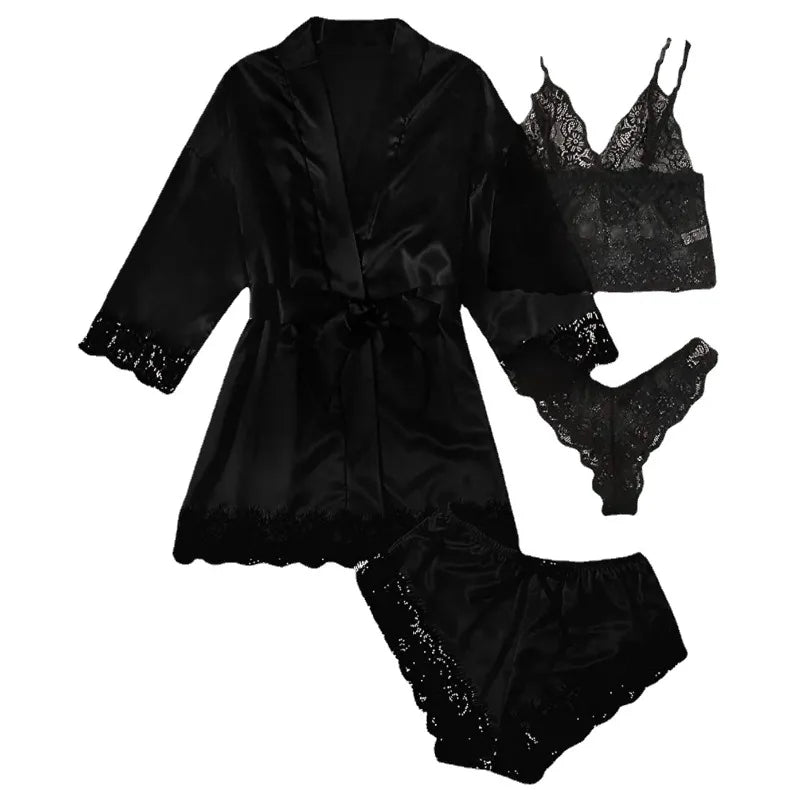 Pyjama tendance pour femme, imprimé, sexy, bordure en dentelle, imitation soie, satin, doux pour la peau, confortable, vêtements de détente, pyjama sexy