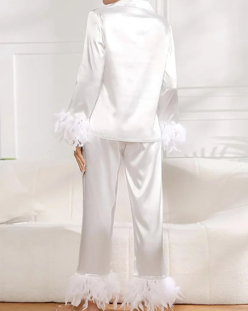 Ensemble 2 pièces à manches longues et pantalon long, pyjama blanc pour demoiselle d'honneur, robe de soirée en satin à revers multicolore, élasticité, pyjama sexy pour femme