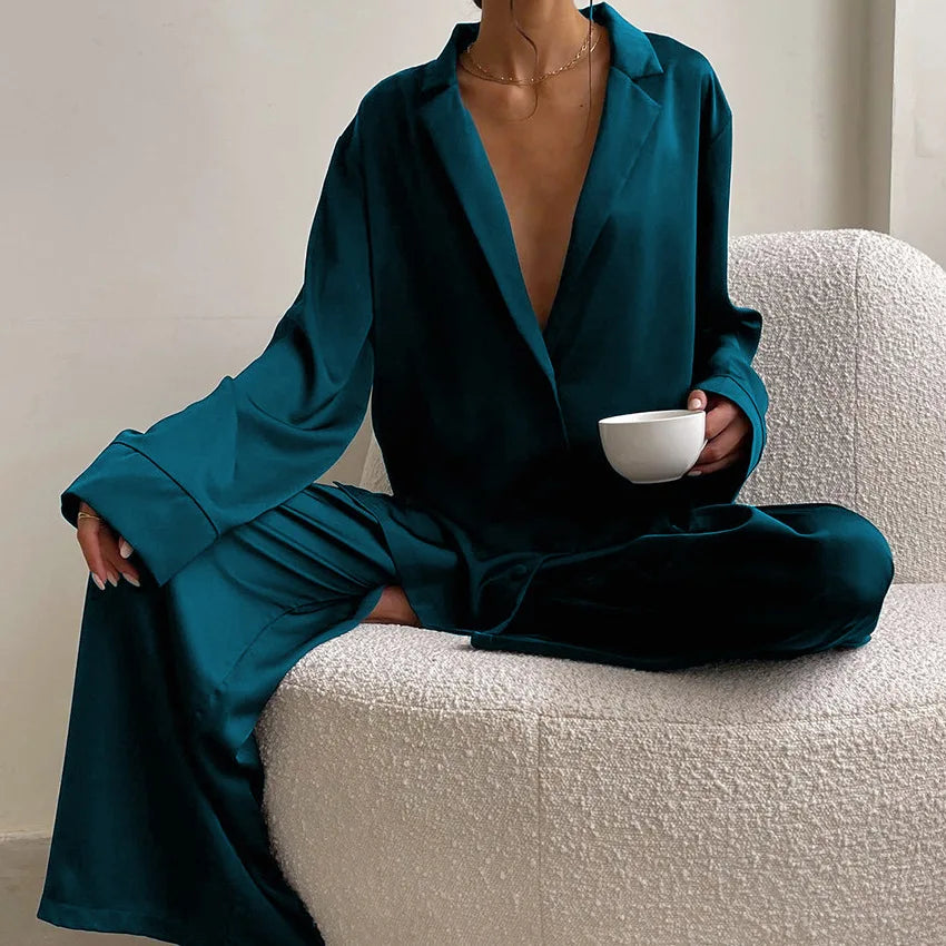 Ensemble de pyjama sexy à coupe basse pour femme, pantalon ample et décontracté à manches longues, en satin de soie uni, haut ajusté, 2 pièces
