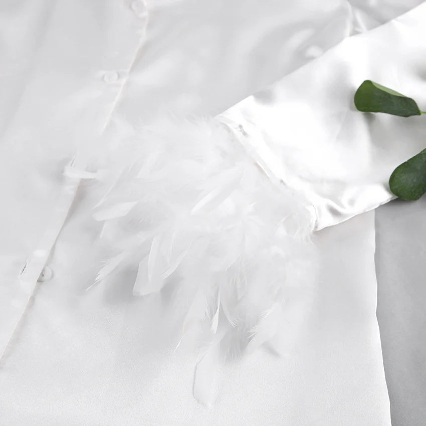 Ensemble 2 pièces à manches longues et pantalon long, pyjama blanc pour demoiselle d'honneur, robe de soirée en satin à revers multicolore, élasticité, pyjama sexy pour femme