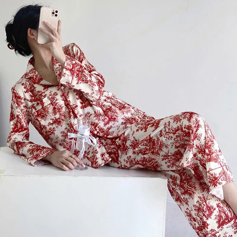 Ensemble pyjama 2 pièces pour femme, tenue de détente, imprimé floral rouge, manches longues, pantalon, vêtements de nuit amples en satin, chemise et pantalon
