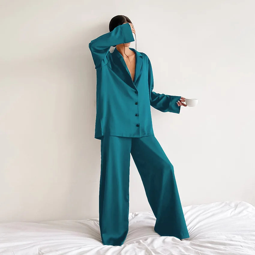 Ensemble de pyjama sexy à coupe basse pour femme, pantalon ample et décontracté à manches longues, en satin de soie uni, haut ajusté, 2 pièces