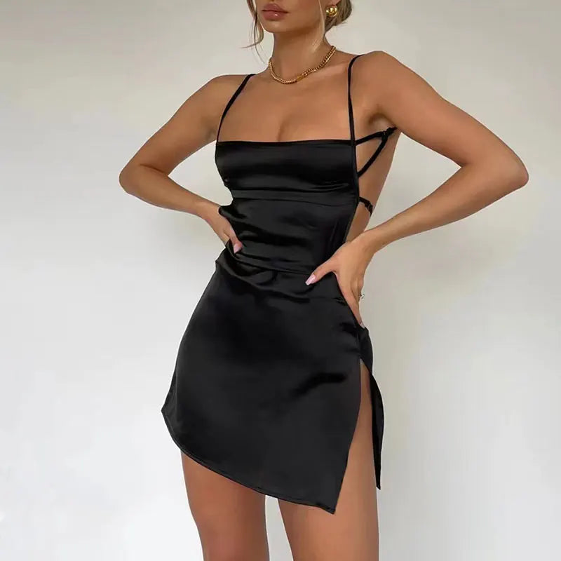 Robe mini sexy en satin dos nu, pyjama tendance pour femme, tenue d'été élégante avec fente et bandage, idéale pour la maison, décontractée et douce, style gothique