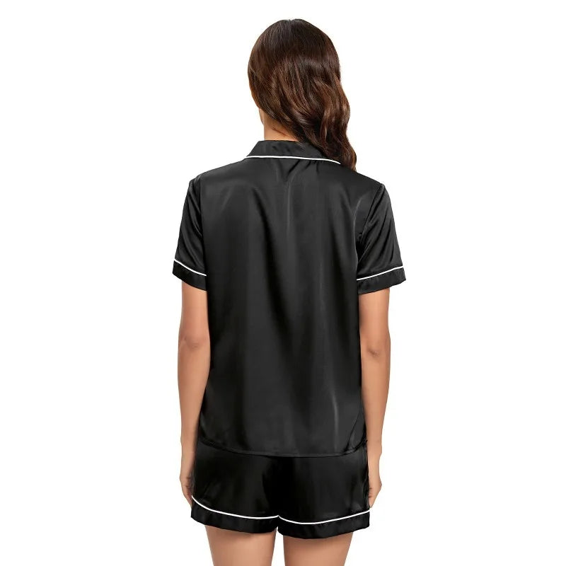Pyjama d'été en satin de soie pour femme, ensemble haut boutonné et short, 2 pièces, vêtements de nuit à col cranté, vêtements de nuit pour femmes