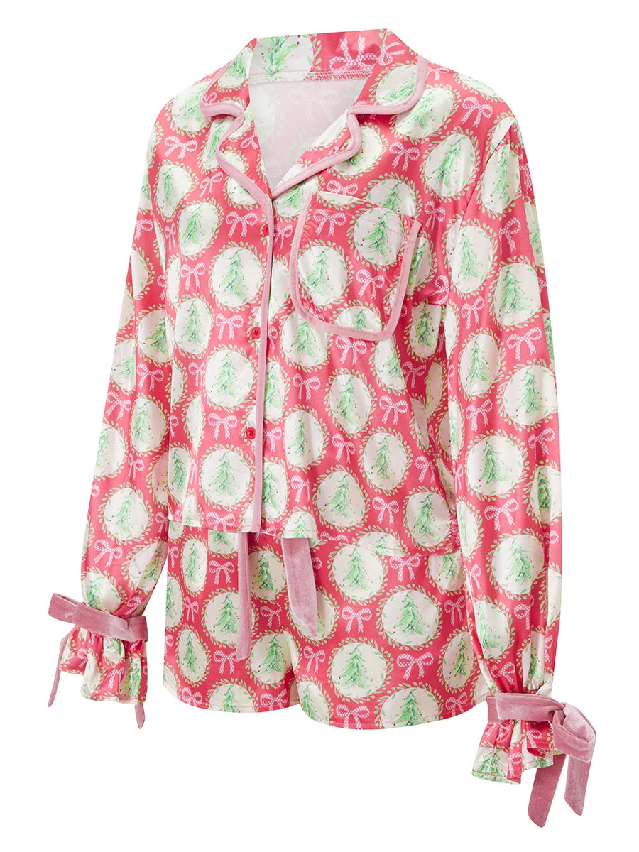 Pyjama de Noël 2025 pour femme, ensemble 2 pièces, chemise à manches longues et short en satin de soie, motif amusant