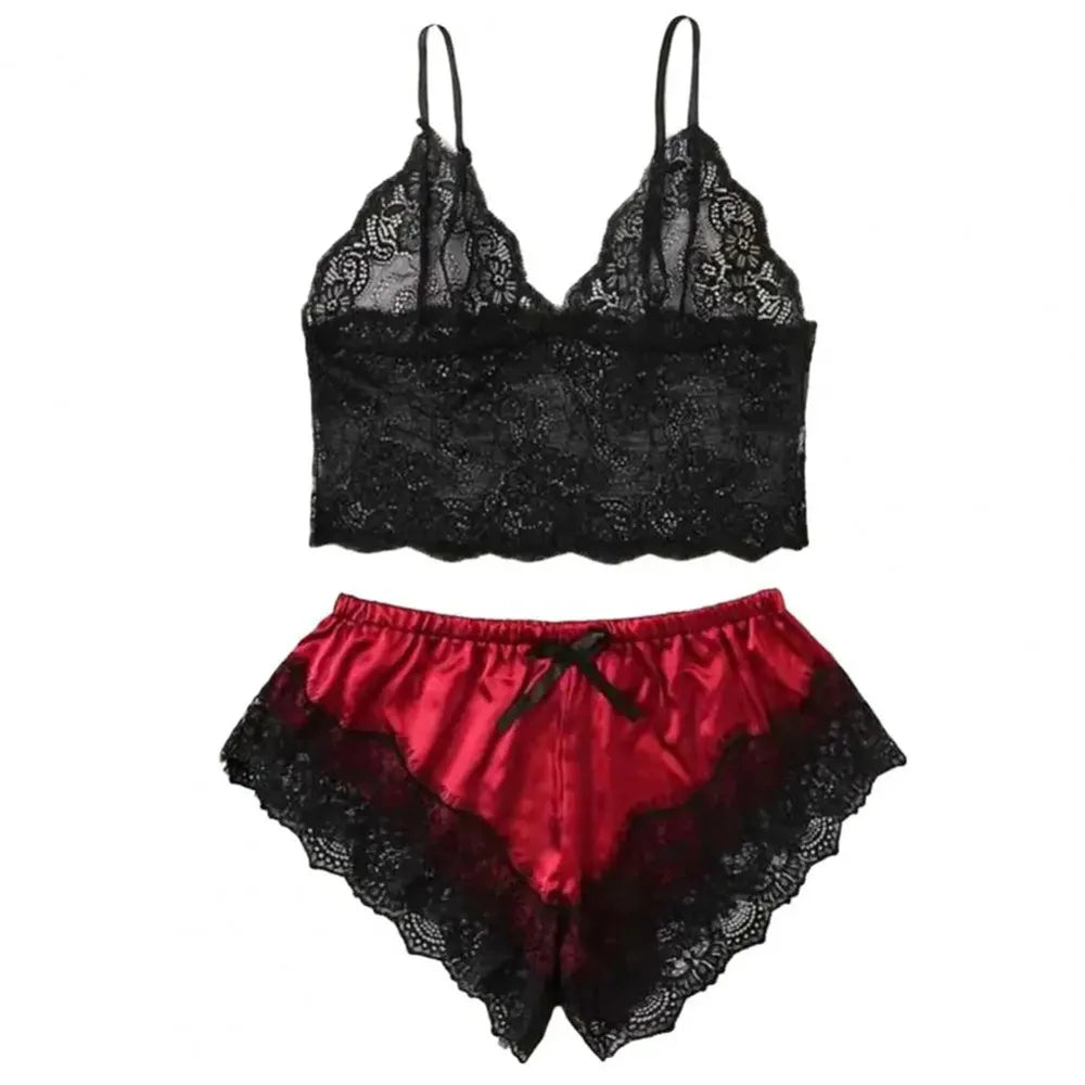 Ensemble de pyjama sexy en satin et dentelle pour femme, lingerie, short à bretelles élastiques, vêtements de nuit, sous-vêtements sans manches