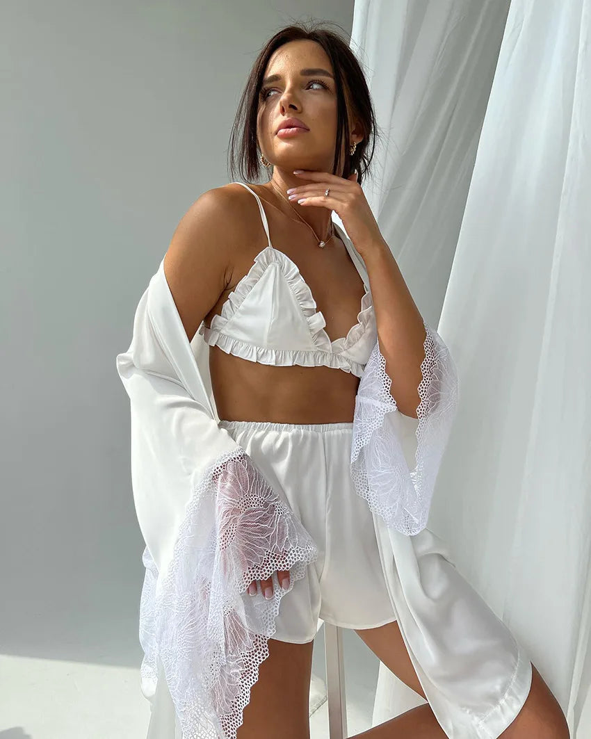 Ensembles de pyjama en dentelle patchwork avec soutien-gorge et sous-vêtements sexy en satin pour femme, 3 pièces, vêtements de nuit, peignoirs, 2023