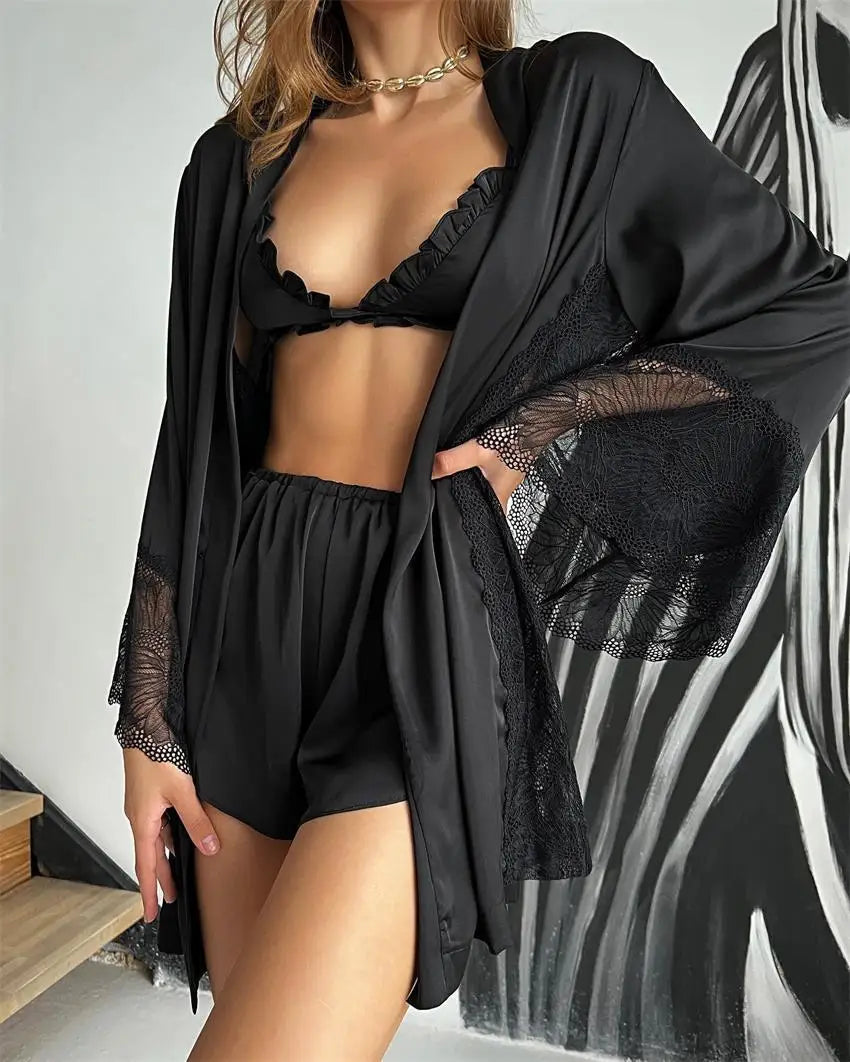Ensembles de pyjama en dentelle patchwork avec soutien-gorge et sous-vêtements sexy en satin pour femme, 3 pièces, vêtements de nuit, peignoirs, 2023