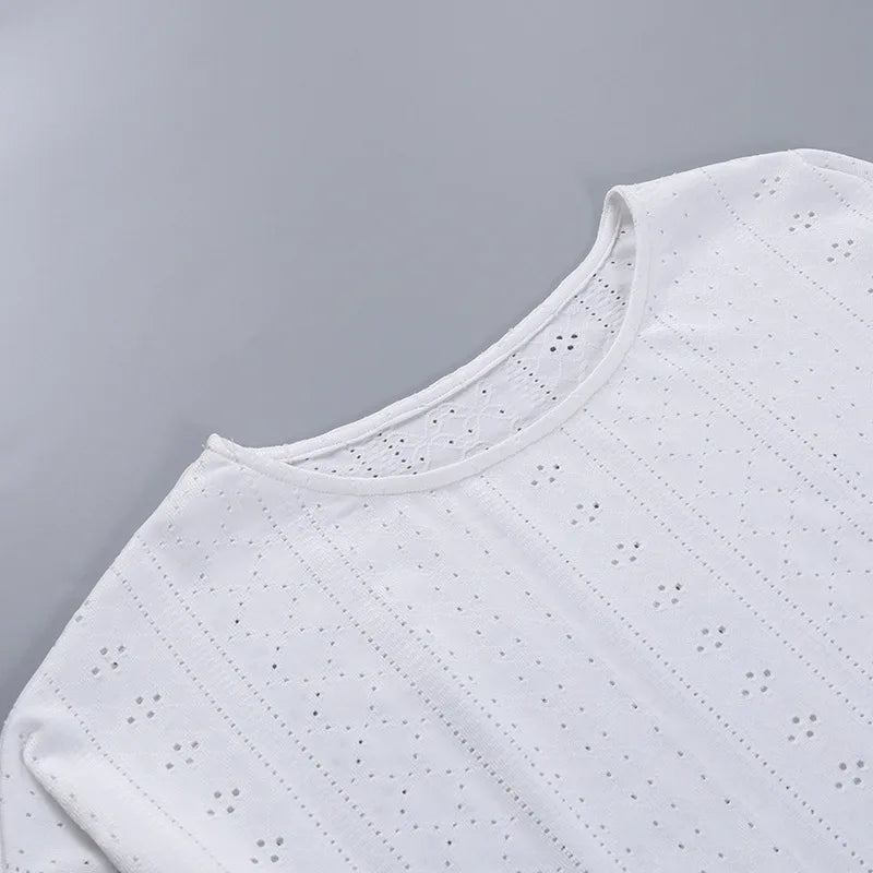 Pyjama d'été ajouré pour femme, haut à manches longues et short, ensemble 2 pièces