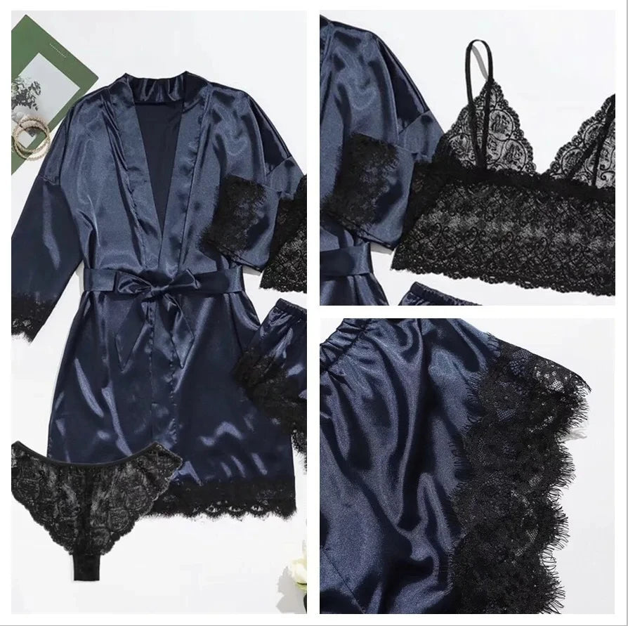 Pyjama tendance pour femme, imprimé, sexy, bordure en dentelle, imitation soie, satin, doux pour la peau, confortable, vêtements de détente, pyjama sexy