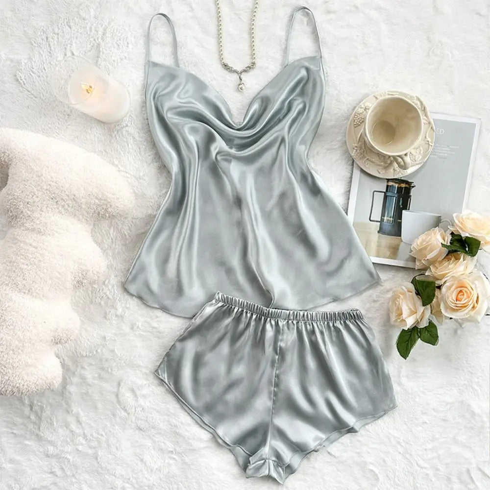 Pyjama sans manches en satin de soie, col en V, ample, caraco, short, chemise de nuit, vêtements de maison, ensembles de vêtements de nuit en soie glacée, été, femme