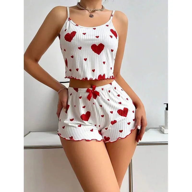 Ensemble pyjama 2 pièces pour femme, débardeur court et short, taille SML, blanc, respirant, doux, décontracté, imprimé Love