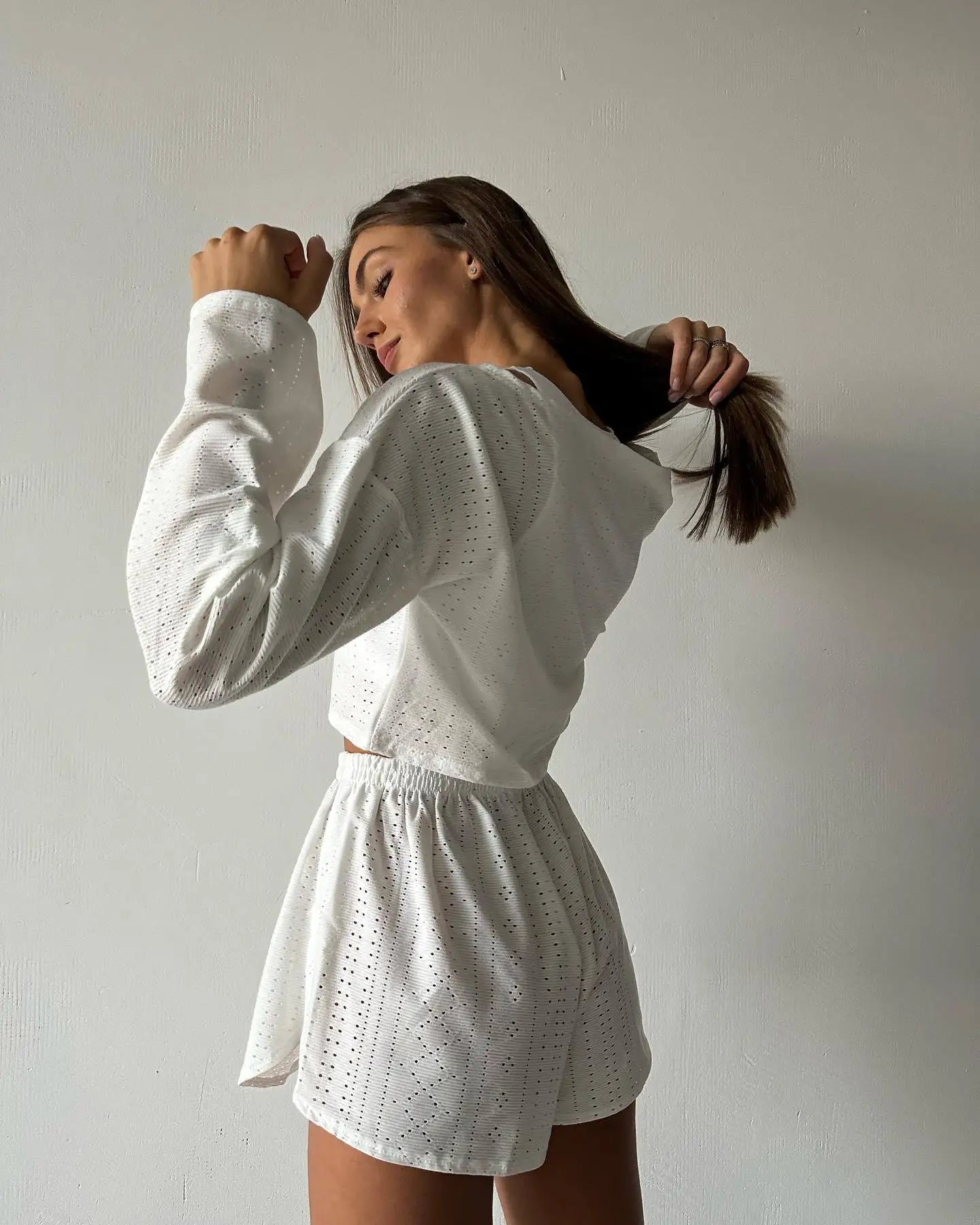 Pyjama d'été ajouré pour femme, haut à manches longues et short, ensemble 2 pièces