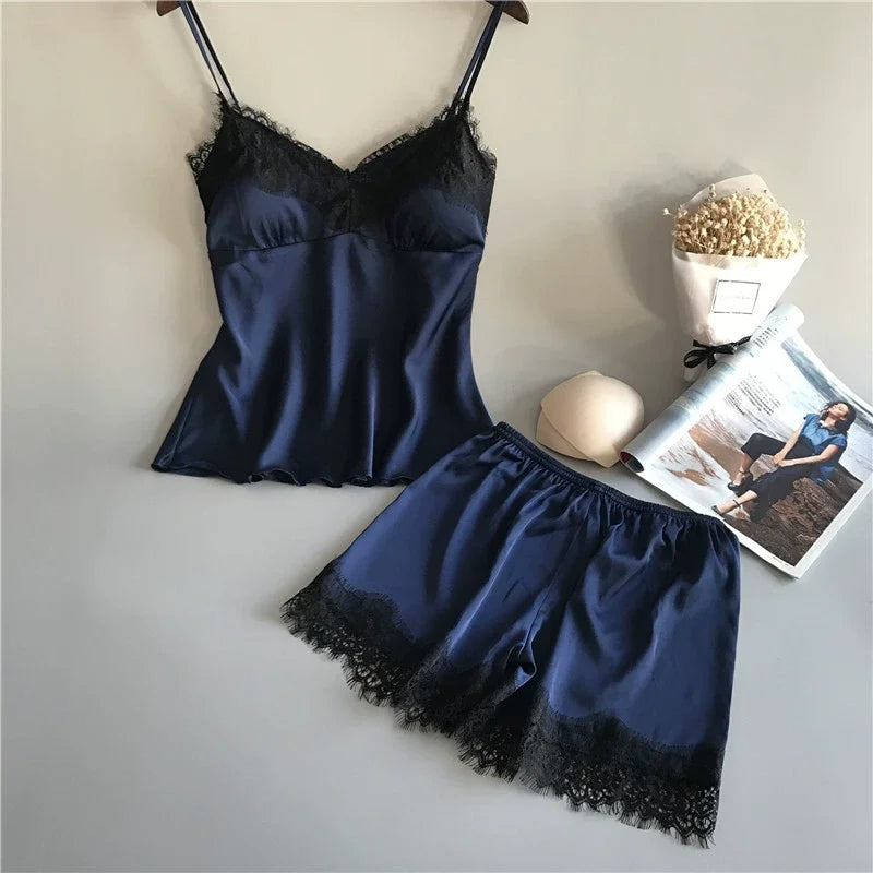 Pyjama d'été pour femme, ensemble tendance, col en V, en satin extensible, nuisette en dentelle, lingerie sexy, short de nuit