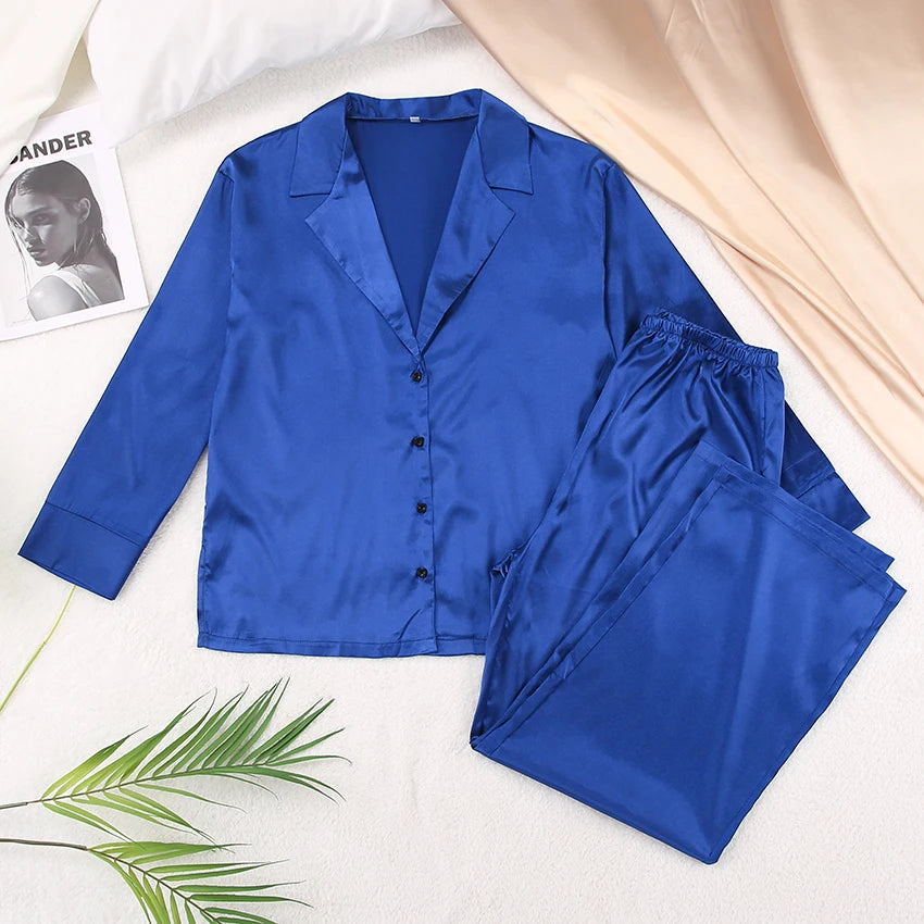 Ensemble de pyjama sexy à coupe basse pour femme, pantalon ample et décontracté à manches longues, en satin de soie uni, haut ajusté, 2 pièces