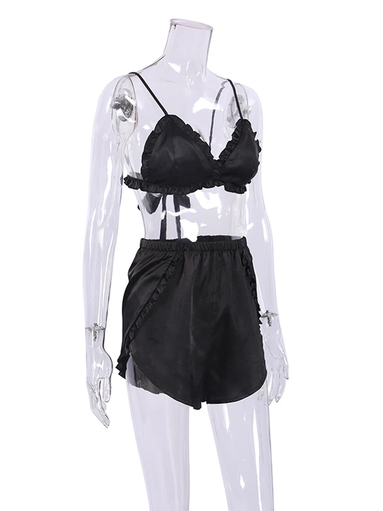 Ensembles de pyjama en dentelle patchwork avec soutien-gorge et sous-vêtements sexy en satin pour femme, 3 pièces, vêtements de nuit, peignoirs, 2023