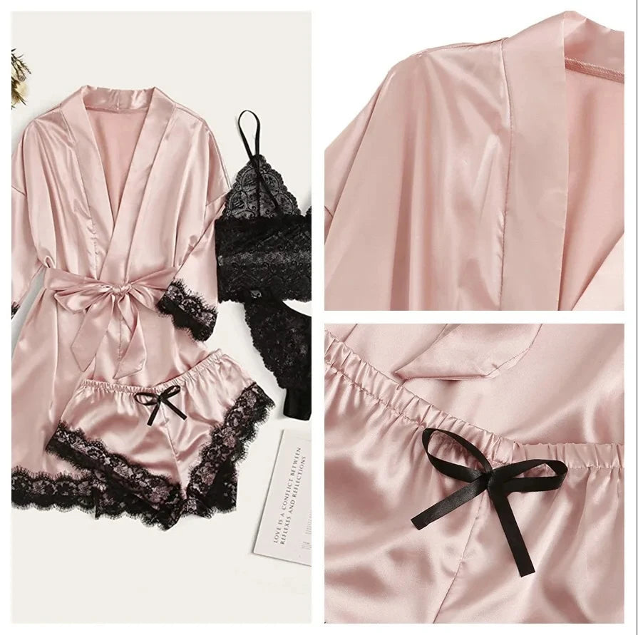 Pyjama tendance pour femme, imprimé, sexy, bordure en dentelle, imitation soie, satin, doux pour la peau, confortable, vêtements de détente, pyjama sexy