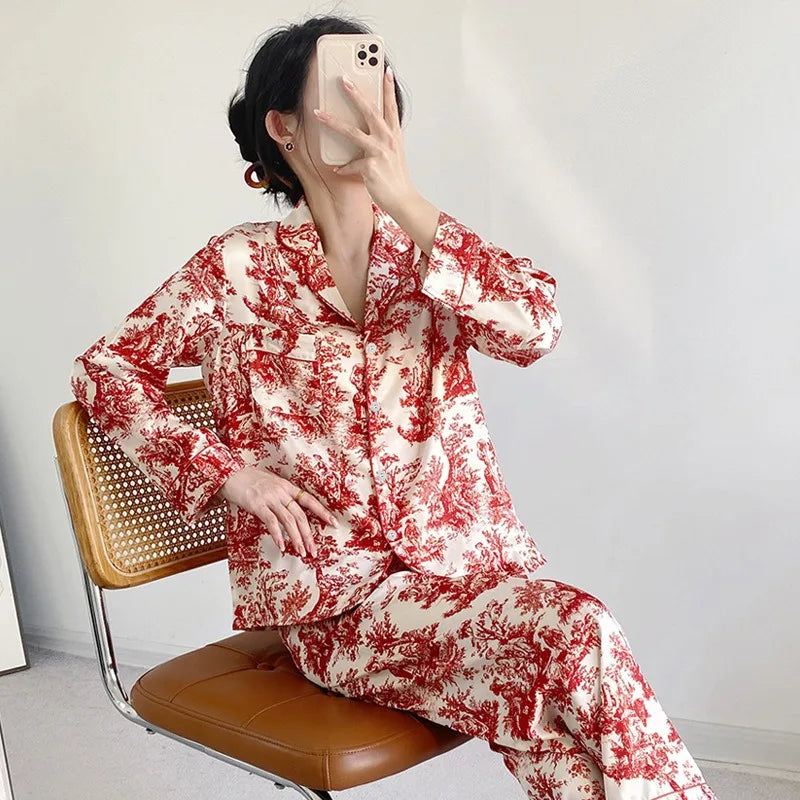Ensemble pyjama 2 pièces pour femme, tenue de détente, imprimé floral rouge, manches longues, pantalon, vêtements de nuit amples en satin, chemise et pantalon
