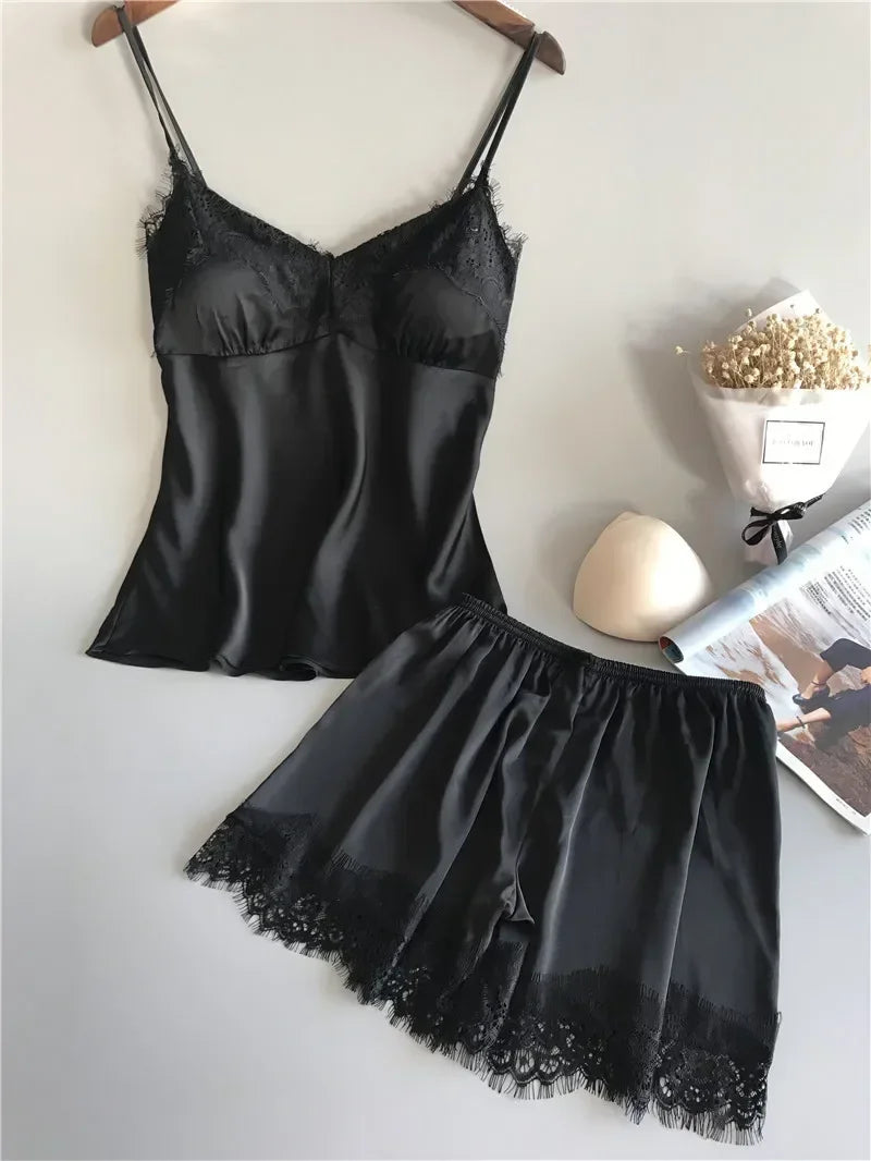 Pyjama d'été pour femme, ensemble tendance, col en V, en satin extensible, nuisette en dentelle, lingerie sexy, short de nuit