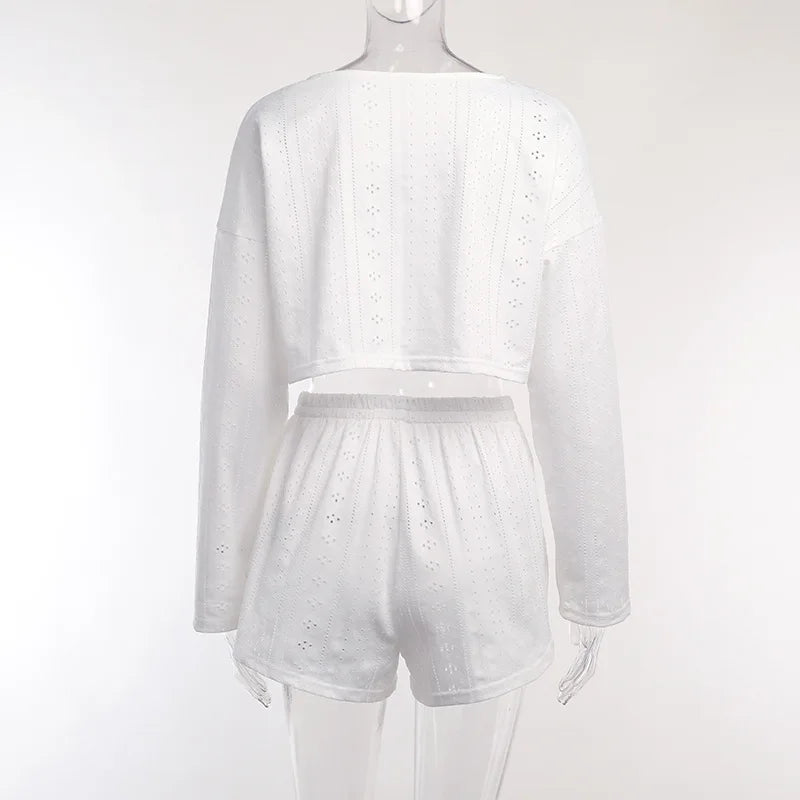 Pyjama d'été ajouré pour femme, haut à manches longues et short, ensemble 2 pièces