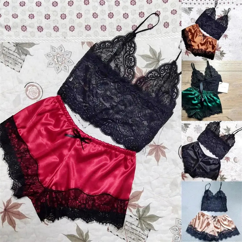 Ensemble de pyjama sexy en satin et dentelle pour femme, lingerie, short à bretelles élastiques, vêtements de nuit, sous-vêtements sans manches