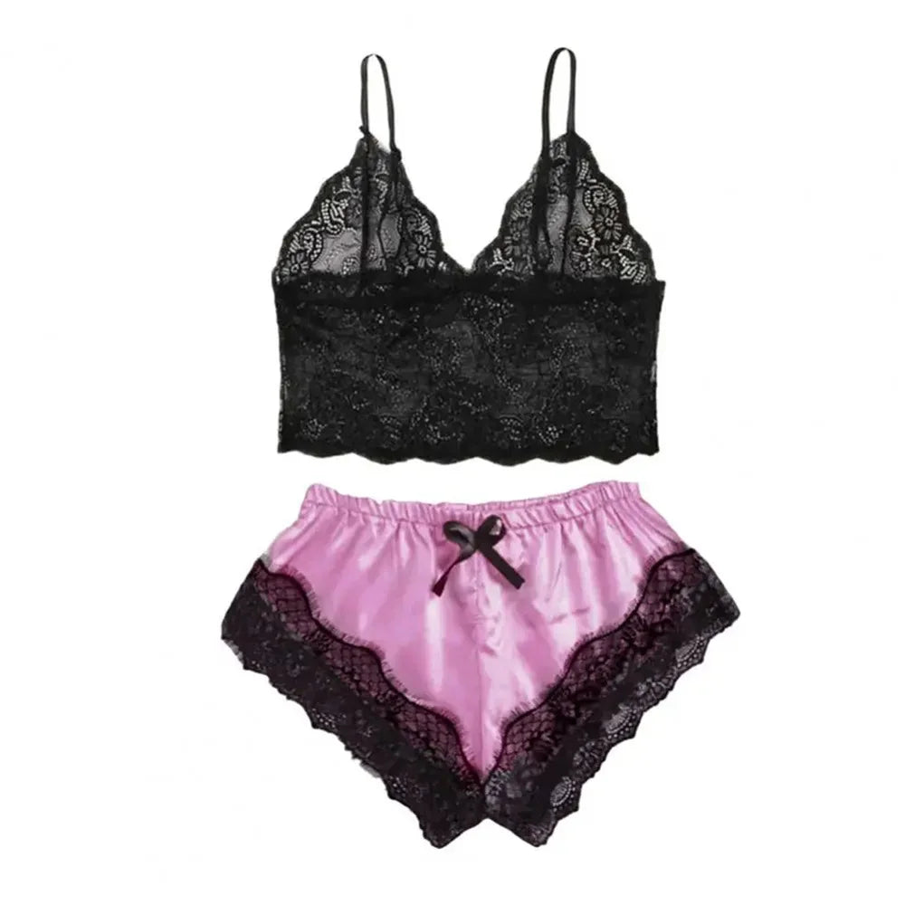 Ensemble de pyjama sexy en satin et dentelle pour femme, lingerie, short à bretelles élastiques, vêtements de nuit, sous-vêtements sans manches