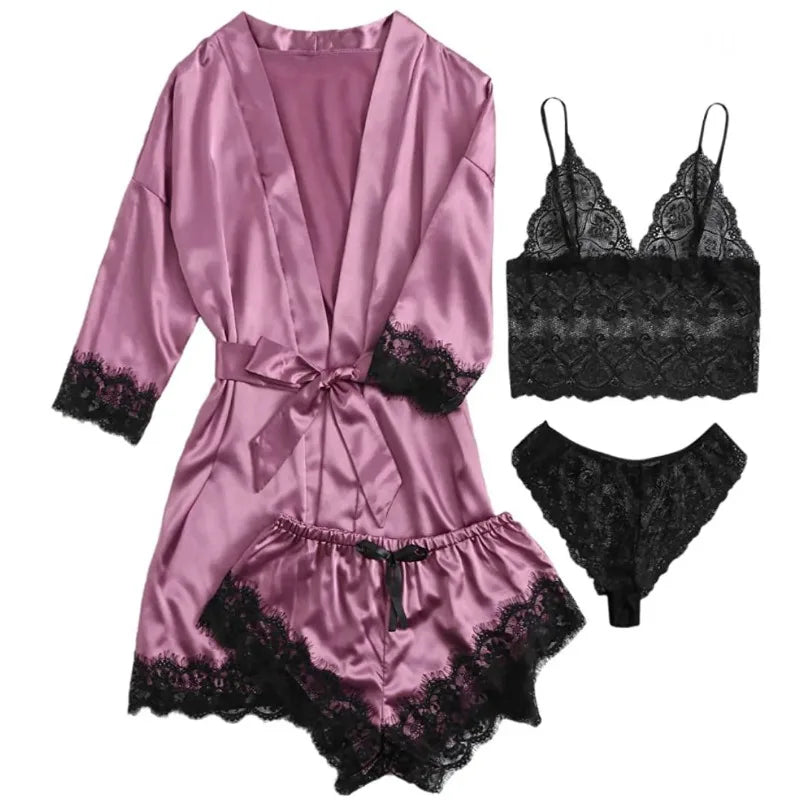 Pyjama tendance pour femme, imprimé, sexy, bordure en dentelle, imitation soie, satin, doux pour la peau, confortable, vêtements de détente, pyjama sexy