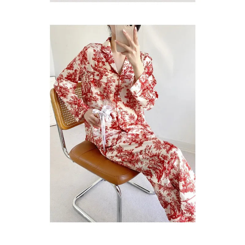 Ensemble pyjama 2 pièces pour femme, tenue de détente, imprimé floral rouge, manches longues, pantalon, vêtements de nuit amples en satin, chemise et pantalon