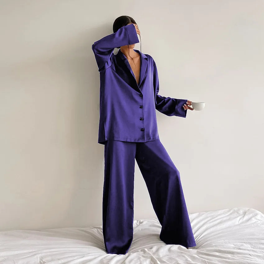 Ensemble de pyjama sexy à coupe basse pour femme, pantalon ample et décontracté à manches longues, en satin de soie uni, haut ajusté, 2 pièces