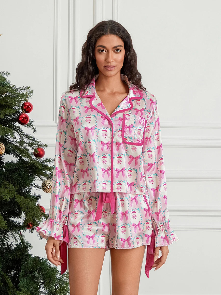 Pyjama de Noël 2025 pour femme, ensemble 2 pièces, chemise à manches longues et short en satin de soie, motif amusant
