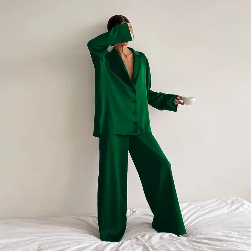 Ensemble de pyjama sexy à coupe basse pour femme, pantalon ample et décontracté à manches longues, en satin de soie uni, haut ajusté, 2 pièces