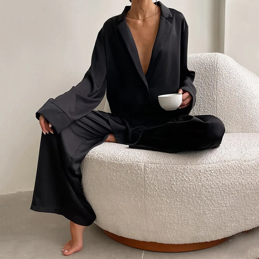 Ensemble de pyjama sexy à coupe basse pour femme, pantalon ample et décontracté à manches longues, en satin de soie uni, haut ajusté, 2 pièces