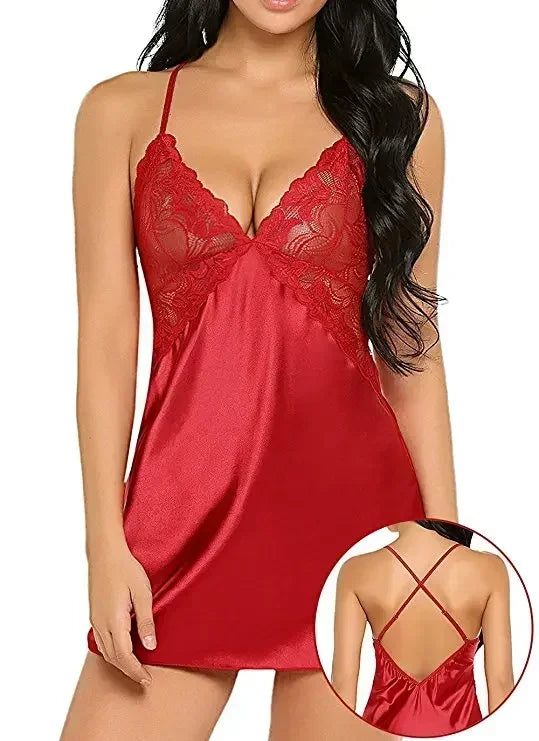 Pyjama dos nu sexy avec jupe porte-jarretelles pour femme, lingerie de nuit, vêtements de nuit en satin, chemise en dentelle, mini nuisette, nuisette