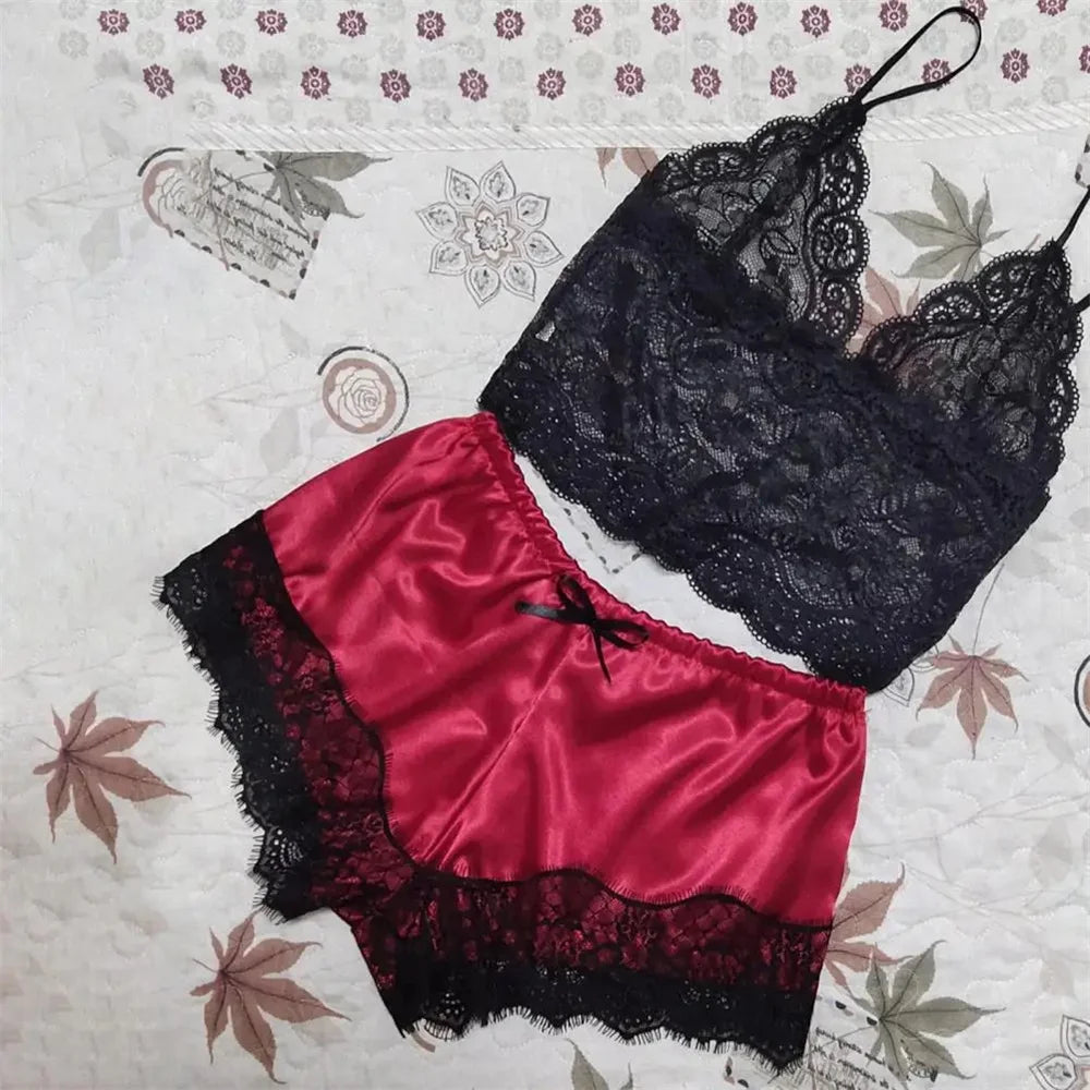 Ensemble de pyjama sexy en satin et dentelle pour femme, lingerie, short à bretelles élastiques, vêtements de nuit, sous-vêtements sans manches