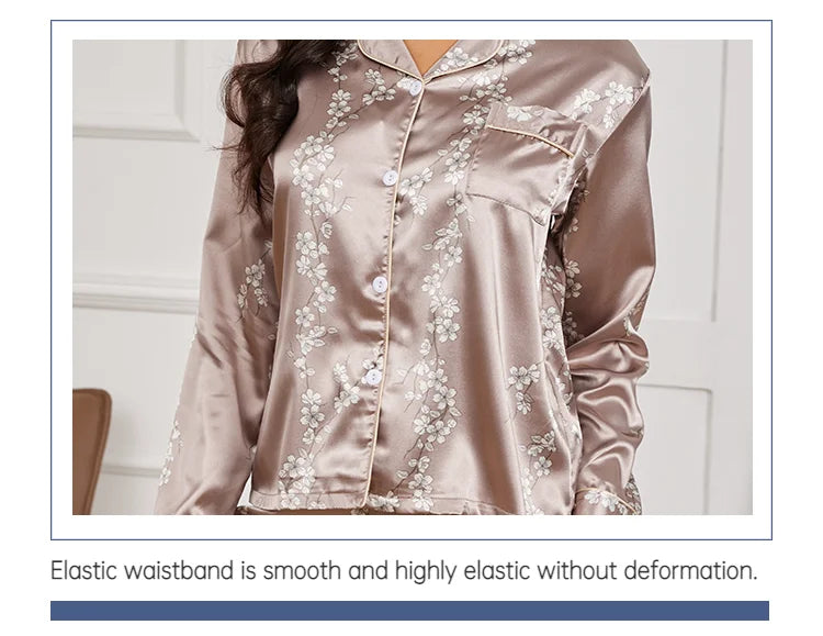Pyjama 2 pièces en satin pour femme, vêtement d'automne à imprimé floral, haut à manches longues, pantalon de pyjama