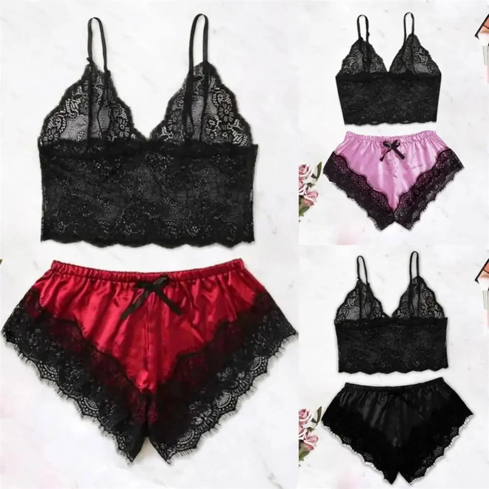 Ensemble de pyjama sexy en satin et dentelle pour femme, lingerie, short à bretelles élastiques, vêtements de nuit, sous-vêtements sans manches