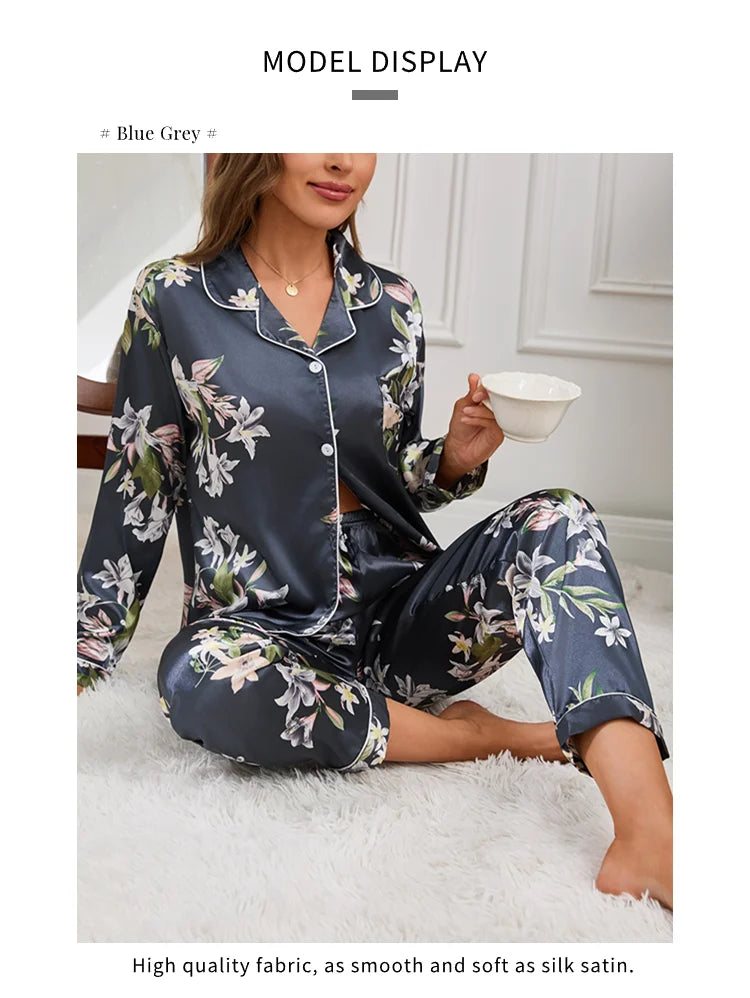 Pyjama 2 pièces en satin pour femme, vêtement d'automne à imprimé floral, haut à manches longues, pantalon de pyjama