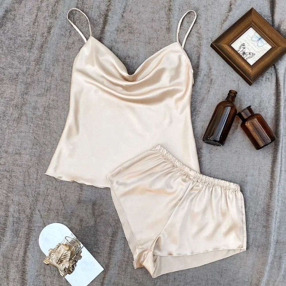 Pyjama sans manches en satin de soie, col en V, ample, caraco, short, chemise de nuit, vêtements de maison, ensembles de vêtements de nuit en soie glacée, été, femme