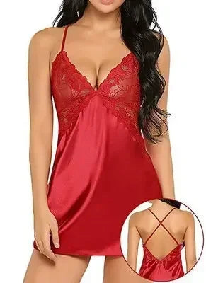 Pyjama dos nu sexy avec jupe porte-jarretelles pour femme, lingerie de nuit, vêtements de nuit en satin, chemise en dentelle, mini nuisette, nuisette