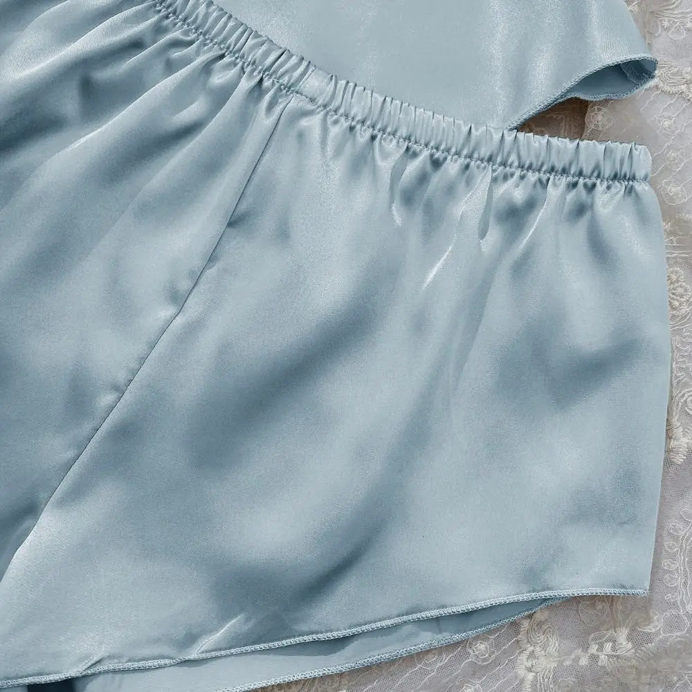 Pyjama sans manches en satin de soie, col en V, ample, caraco, short, chemise de nuit, vêtements de maison, ensembles de vêtements de nuit en soie glacée, été, femme